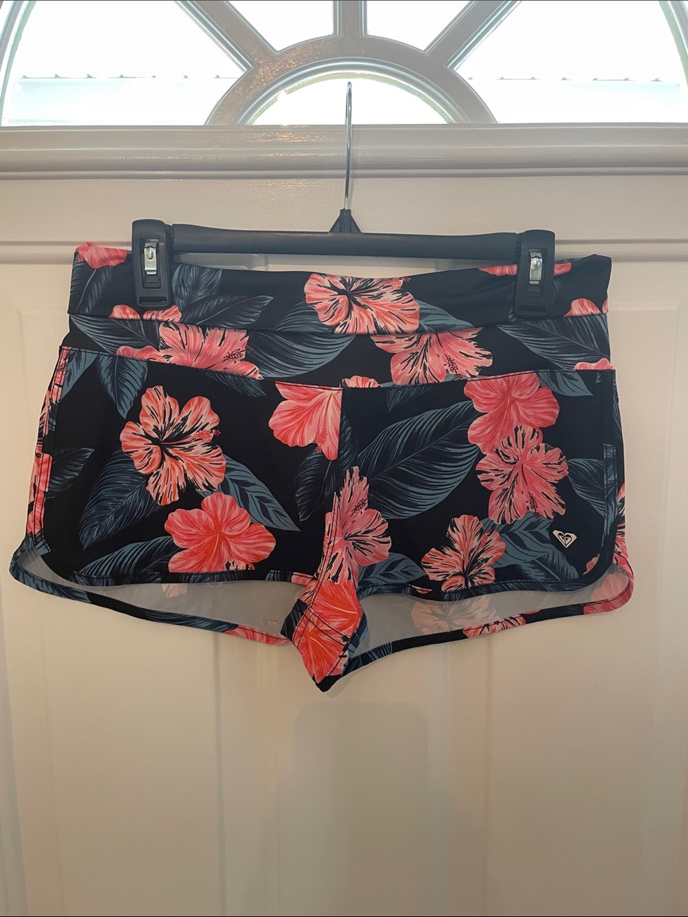 Roxy Navy Athletic Shorts with Coral Floral Print
